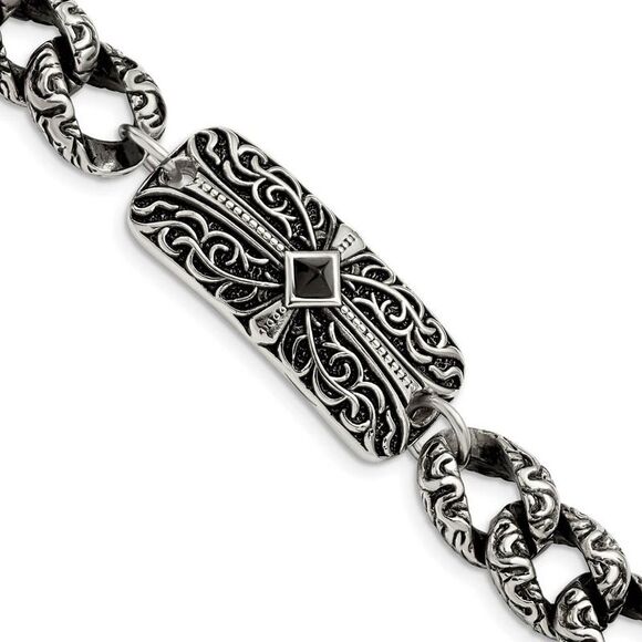 Stainless Steel Black Agate Antiqued Fancy Link Cross Bracelet 9 Inch